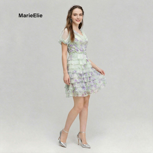 Marie Elie法式浪漫风印花真丝连衣裙女短袖收腰蛋糕裙浪漫短裙