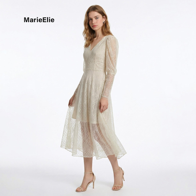 法式V领蕾丝收腰中长连衣裙