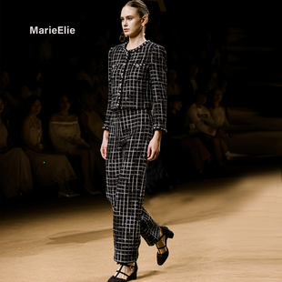 轻奢两件套 女黑白格子短外套阔腿裤 Marie Elie小香风粗花呢套装