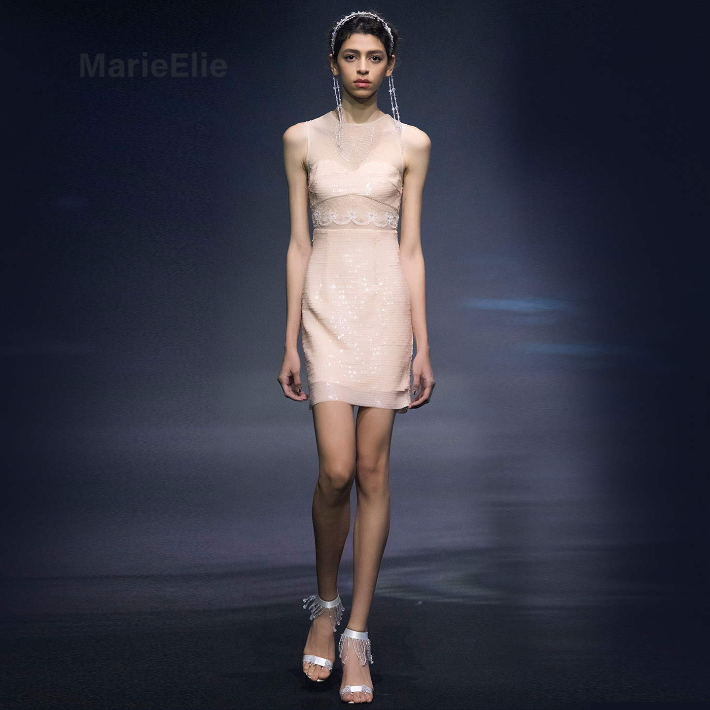 Marie Elie华丽风亮片连衣裙女无袖收腰修身包臀短裙气质裙