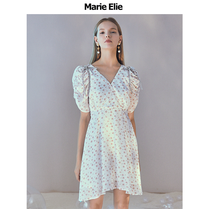 Marie Elie2020春夏新款 粉茵锗花絮絮连衣裙ETAA11M10002