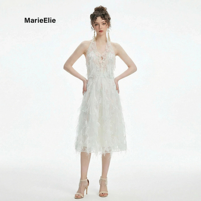 法式轻奢羽毛流苏深V露背吊带裙