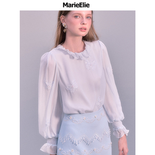 桑蚕丝 绣花亮片衬衫 Marie Elie秋冬烟镜滢杪上衣翻领荷叶长袖