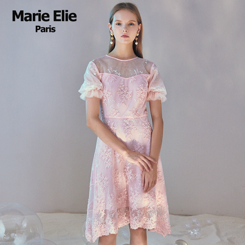 Marie Elie2020春夏新款 瑕粉霂玉扇闪连衣裙ETAA11M11231