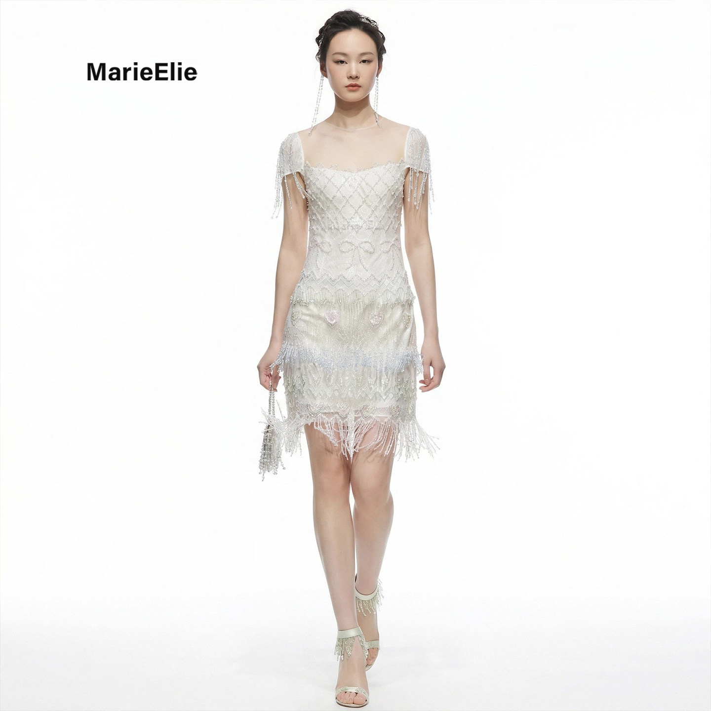 Marie Elie华丽风白色流苏小资连衣裙女气质修身短款名媛礼服裙
