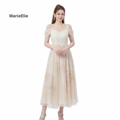 法式仙女露肩真丝收腰A字连衣裙