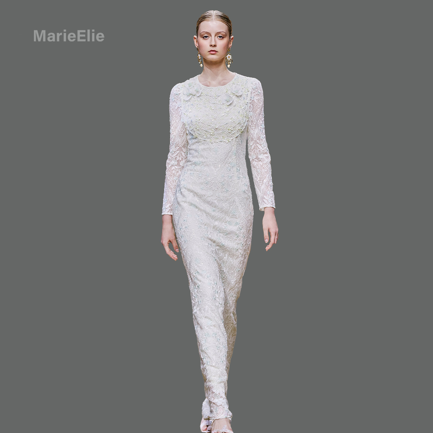 轻奢优雅风白色蕾丝连衣裙女长袖修身高级感晚礼服裙