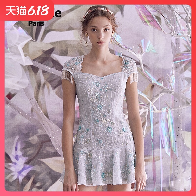 现货Marie Elie春夏经典款 绣球珠花幽绿流苏连衣裙E2921M54860