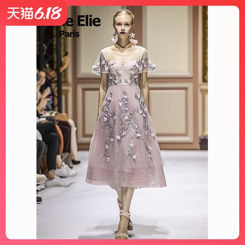 Marie Elie2018巴黎秀款超仙立体花朵高腰修身方领连衣裙公主裙女