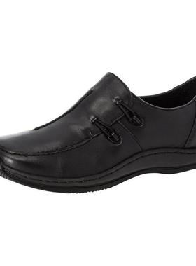 代购rieker女士乐福鞋舒适软底轻便易穿脱黑色圆头平跟系带设计