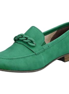 代购rieker女士乐福鞋舒适轻便软底透气绿色圆头低跟系带装饰