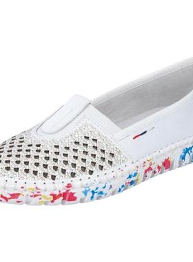 代购rieker女士乐福鞋透气轻便软底舒适白色镂空圆头平跟