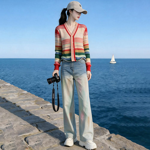 撞色彩虹条纹针织衫女春秋季新款小众腮红渐变色牛仔裤时尚两件套