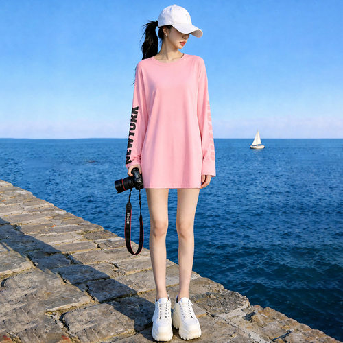 潮牌时尚休闲运动粉上衣女春秋新款宽松显瘦慵懒风中长款长袖T恤
