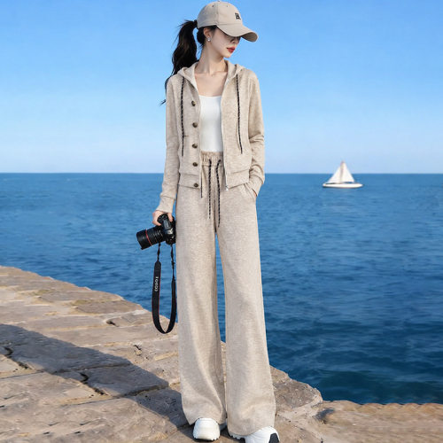 美式休闲运动百搭套装女秋季新款时尚炸街连帽卫衣阔腿裤两件套潮