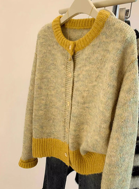 小香风黄色短款毛衣外套女春秋秋装新款慵懒风小个子针织开衫上衣