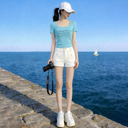 夏季穿搭一整套休闲时尚套装女减龄显瘦圆领T恤白色短裤两件套潮