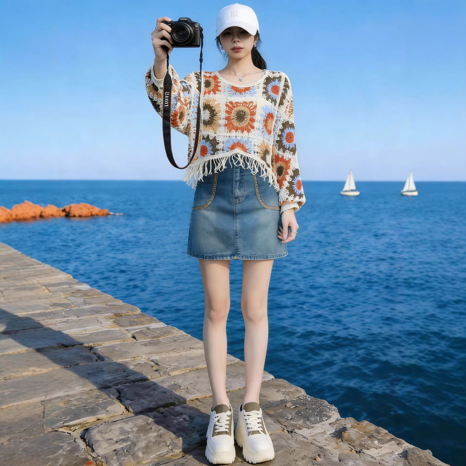 夏季新款甜美花朵女装钩花罩衫复古港风时尚牛仔短裙气质两件套装