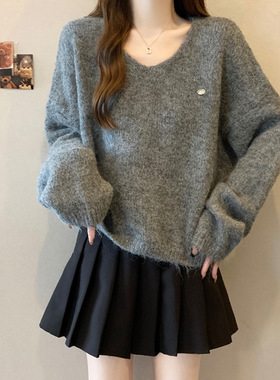 灰色慵懒风宽松套头毛衣针织衫女秋冬大码胖mm显瘦软糯针织衫上衣