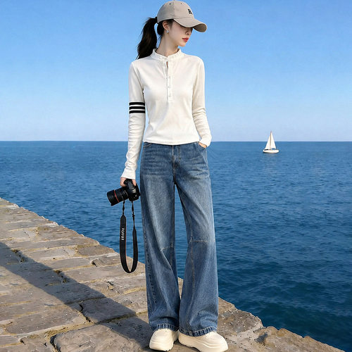 街头时尚百搭宝蓝色女士春秋T恤美式复古牛仔长裤子弯刀裤阔腿裤