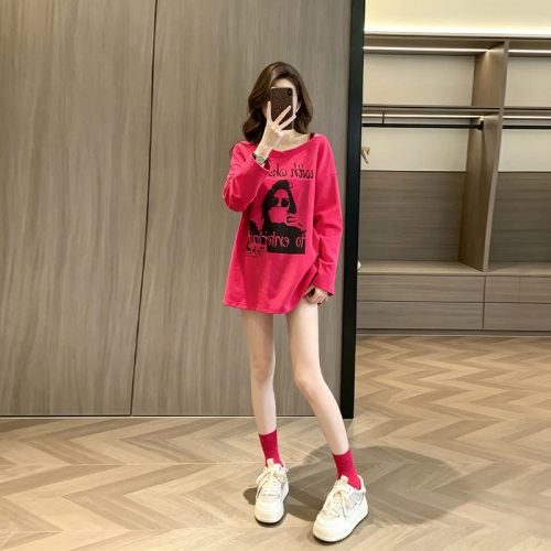 网红时尚炸街新款女装长袖秋装内搭T恤宽松大码中长款秋冬打底衫