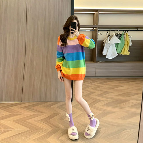 彩虹毛衣女宽松百搭慵懒风秋季新款春秋装韩版港味chic针织衫上衣