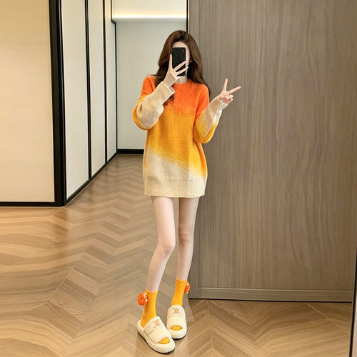 渐变毛衣女高档宽松慵懒风新款春秋装韩版港味Chic洋气针织衫上衣