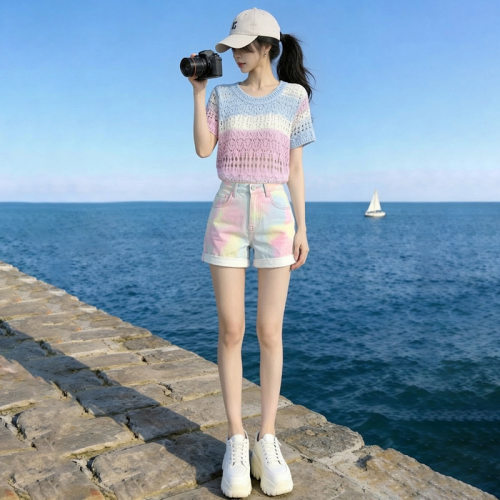 短袖t恤女夏季新款可爱时尚潮牌减龄显瘦扎染高腰牛仔短裤潮