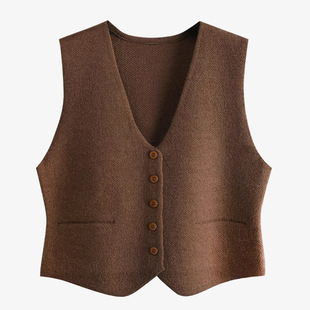 简约通勤短款 西装 毛衣针织马甲女春秋v领单排扣内搭开衫