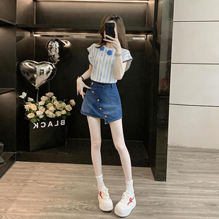 清冷气质休闲套装女夏2026新款时尚条纹淑女雪纺衫半身裙两件套