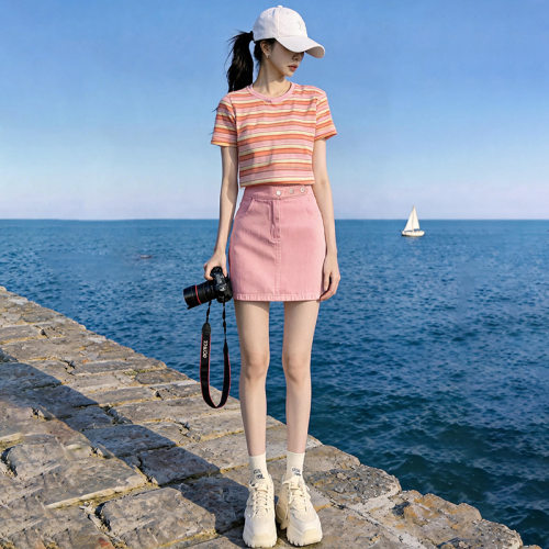 夏日绝美俏皮小套装女减龄洋气条纹短袖上衣粉色时尚牛仔裙两件套