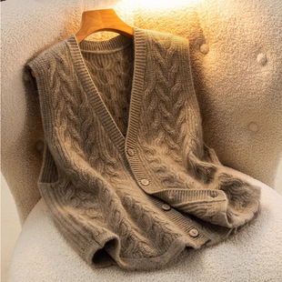 坎肩叠穿马夹 美拉德V领无袖 欧货纯色绞花针织开衫 马甲女秋冬新款
