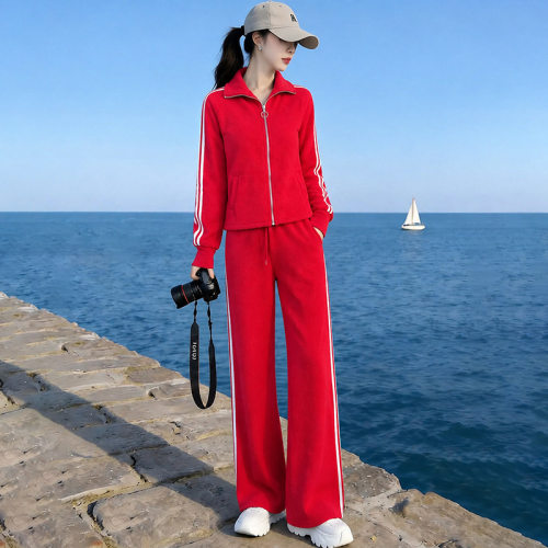 美式休闲运动百搭套装女秋季新款时尚炸街连帽加绒羊羔绒两件套潮