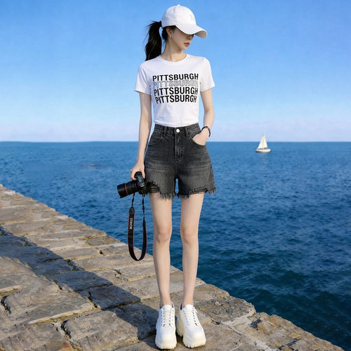 韩版休闲时尚套装夏季新款洋气显瘦百搭字母T恤高腰牛仔短裤套装