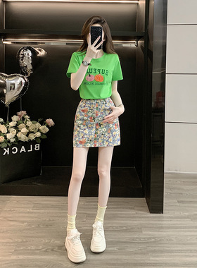 夏季新款绿色植绒短袖T恤牛仔短裙休闲时尚套高腰显瘦甜辣两件套