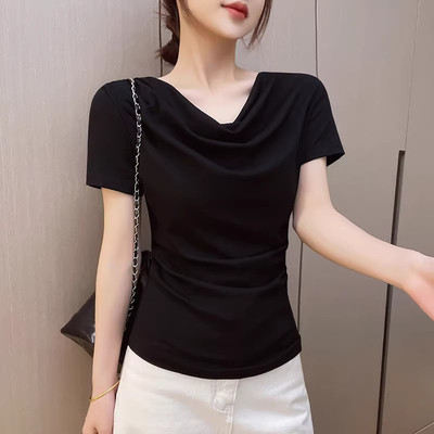 白色荡领短袖t恤女2026夏