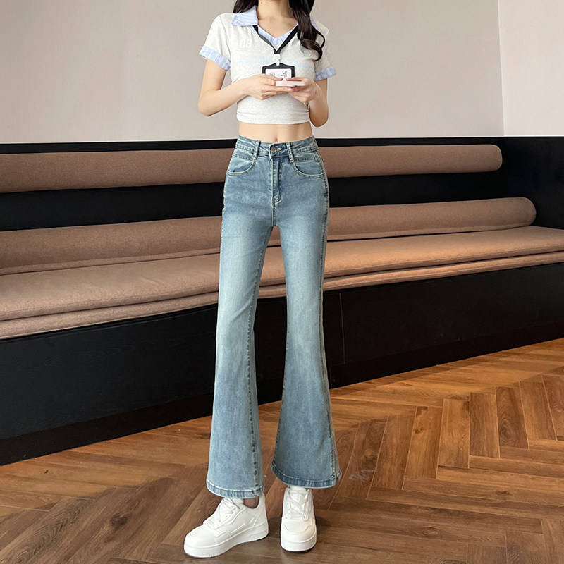 浅蓝开叉微喇牛仔裤女春秋高腰显瘦修身弹力八九分小个子喇叭马蹄