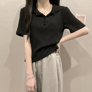 冰丝针织衫 短款 修身 上 Polo翻领短袖 大码 新品 胖mm半开领t恤女春季