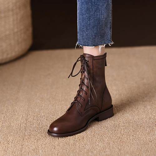 2025新款加绒马丁靴女款复古圆头粗跟系带后拉链低跟百搭平底短靴