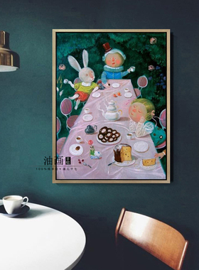 【爱丽丝梦游仙境】手绘卡通童话女孩人物油画儿童房兔子装饰壁画
