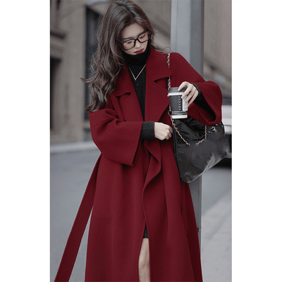 韩系复古红色双面羊绒中长大衣