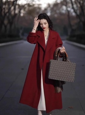 红色中长款秋冬羊毛呢大衣女时尚高级感翻领双面羊绒外套新年战袍