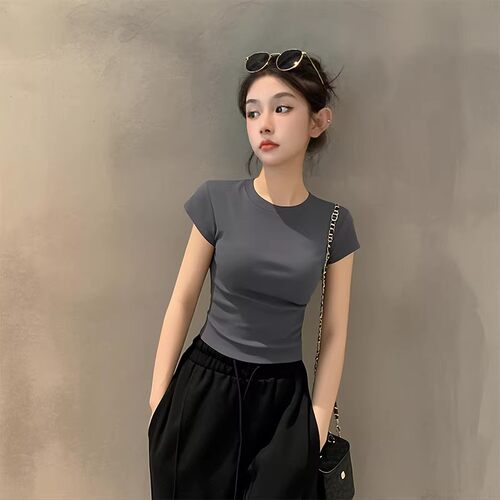 2026新款夏季烟灰色短袖T恤女小袖针织螺纹修身正肩半袖小众上衣
