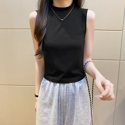 黑色小半高领吊带背心女内搭2023年新款夏季纯棉无袖外穿打底上衣