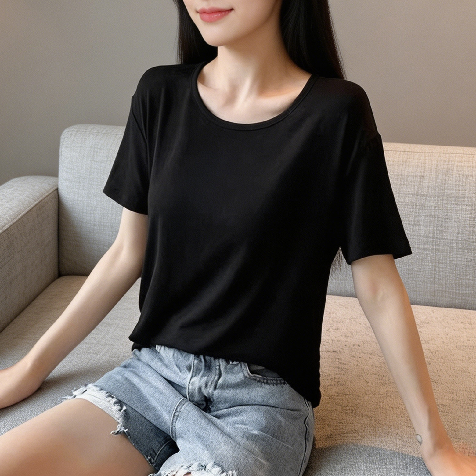 莫代尔黑色宽松短袖t恤女2026新款夏季圆领体恤冰丝面膜薄款上衣