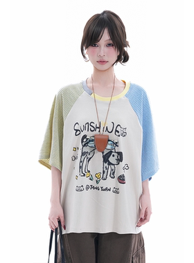 kk soul撞色拼接趣味小狗印花设计感短袖夏季小众插肩袖insT恤