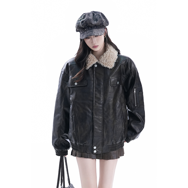kk soul美式高级感羊羔绒翻领PU皮衣外套冬季新款保暖机车服夹克