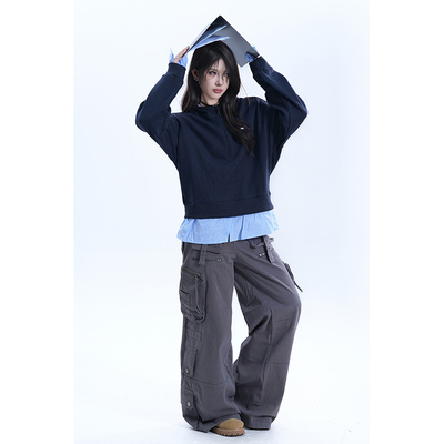 kk soul韩系假两件半拉链连帽卫衣女早秋新款设计感宽松长袖上衣