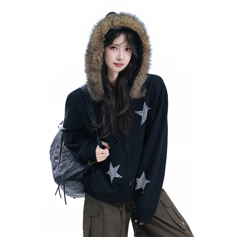 kk soul美式复古毛领连帽卫衣外套烫钻设计星星宽松设计感开衫潮