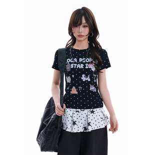 短款 T恤女夏季 复古波点卡通小狗印花短袖 显瘦正肩上衣 soul美式